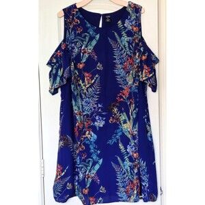 City Streets Women’s 22W Blue Floral Cold Shoulder Dress Plus Size Ruffle Sleeve